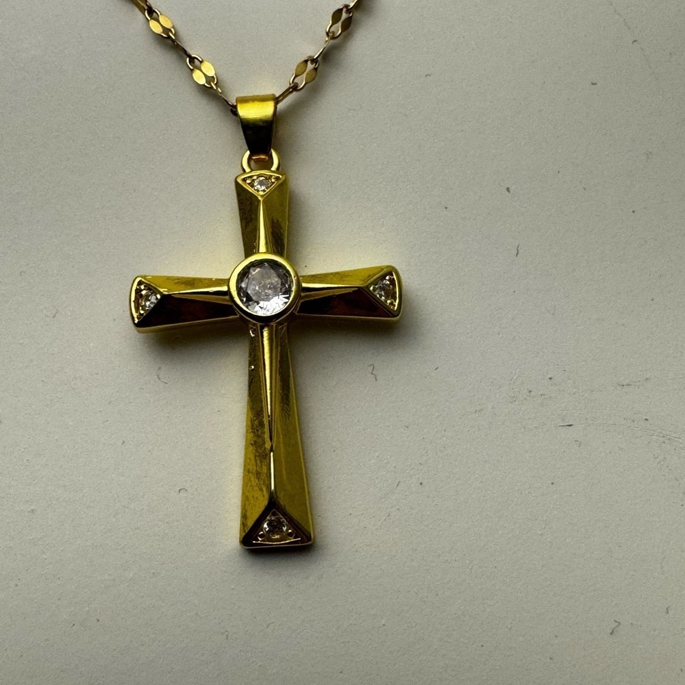 Gold Stainless Steel Cross Pendant Necklace, New - Picture 3 of 7